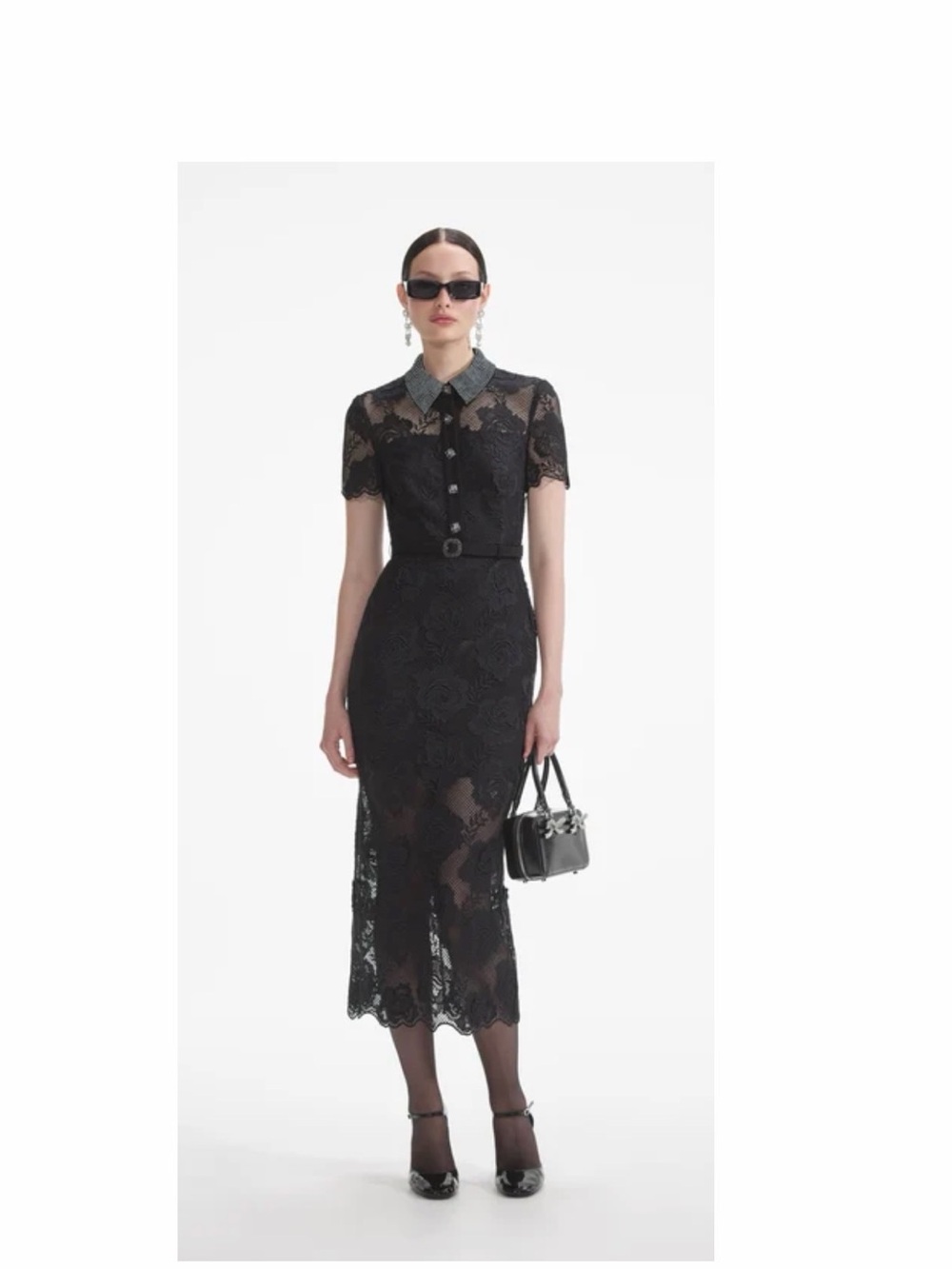 Self-Portrait Black Lace Midi Dress with Contrasting Collar